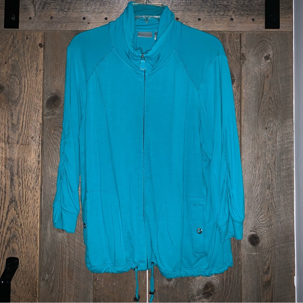 Women’s ZYNERGY Chico’s 2 = L / 12 Turquoise Zip Front High Neck Qtr Sl Jacket